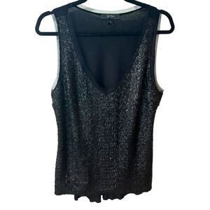 Jessica Simpson Sequin V Neck Sleeveless Top Black Womens Tank Large